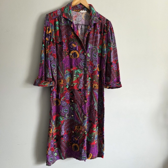 Vintage Leslie Belle Floral Artsy Flowy Button Down Collar Shirt Dress XL - Picture 2 of 10